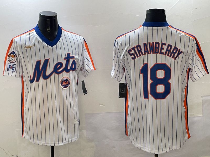 Men New York Mets #18 Strawberry White Stripe Throwback Game Fashion 2025 Nike MLB Jersey style 2